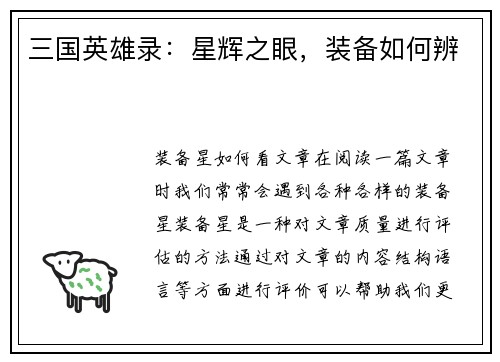 三国英雄录：星辉之眼，装备如何辨