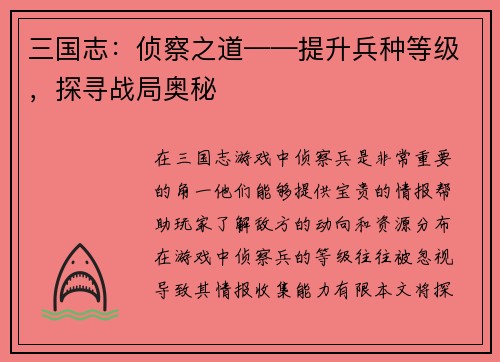 三国志：侦察之道——提升兵种等级，探寻战局奥秘