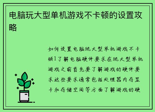 电脑玩大型单机游戏不卡顿的设置攻略