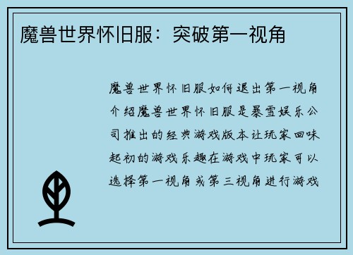 魔兽世界怀旧服：突破第一视角